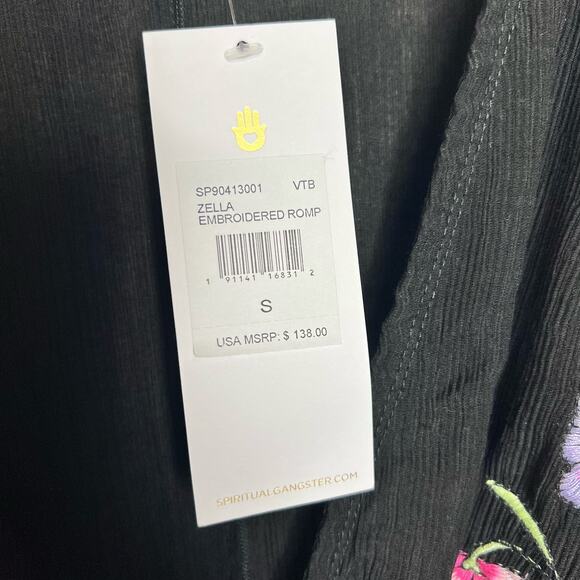 NWT Spiritual Gangster Zella Romper SMALL Black Floral Gauzy Embroidered Crinkle - Picture 7 of 11